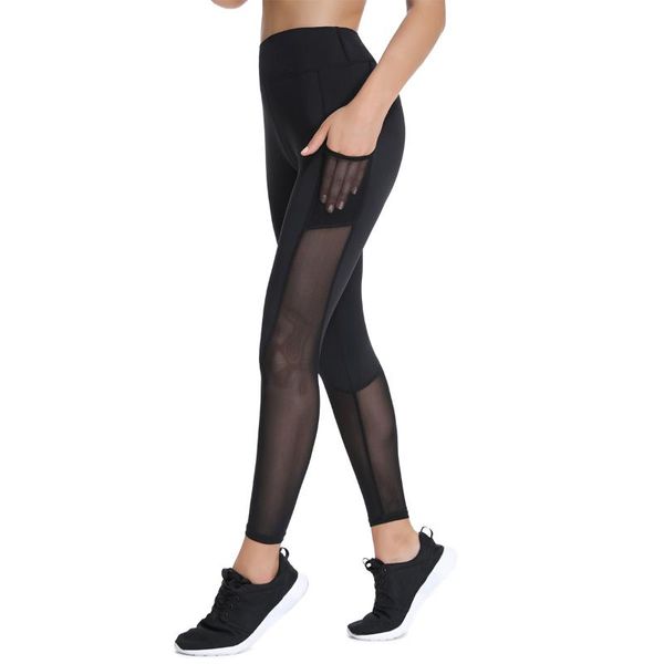 

women's leggings body shapers workout mesh with pockets women high waist ankle-length gym fitness trousers running pants super elastic, Black