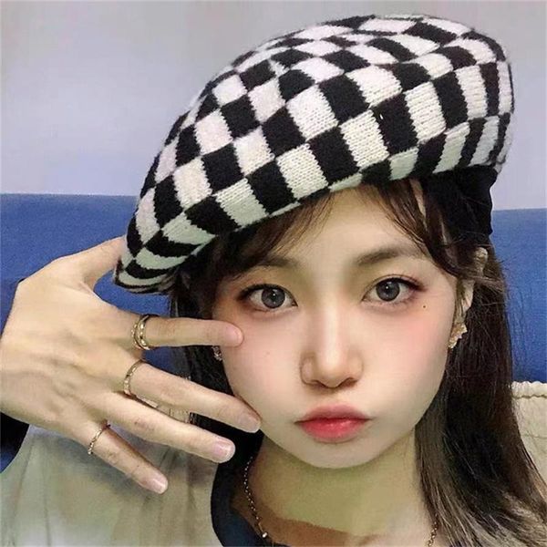 

beanies hat female 2021 autumn and winter black white checkerboard sweet wild knit painter british retro warm beret
