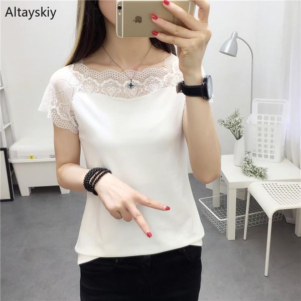 

women's t-shirt t-shirts women 2021 summer korean style womens lace short sleeves female all-match elegant simple comfortable slim tren, White