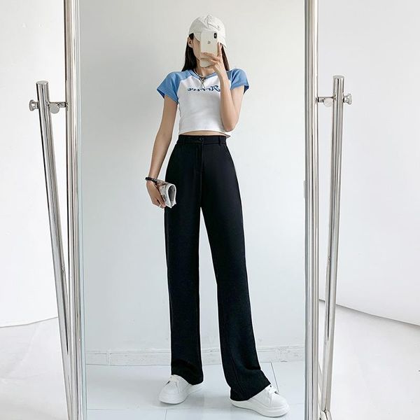 

women's pants & capris wide leg 2021 summer thin style loose high waist black trousers straight tube casual floor qn*, Black;white