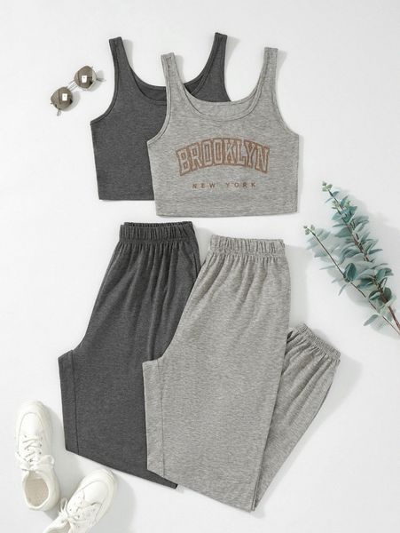 

2sets letter graphic tank & sweatpants 53zl#, White