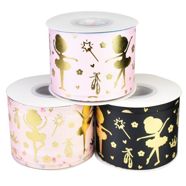 

50yards 75mm gold foil ballerina ballet girl grosgrain ribbon for diy accessories welcome custom designs, Pink;blue