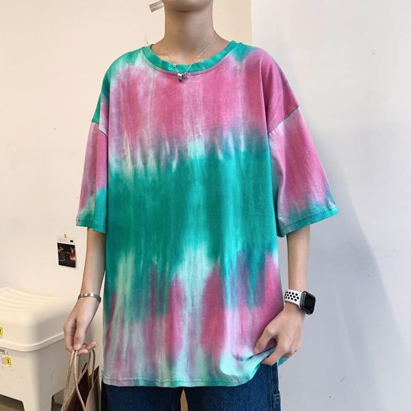 

men's t-shirts color tie-dye harajuku street trend round neck short-sleeved t-shirt loose casual oversized shirt bottoming, White;black
