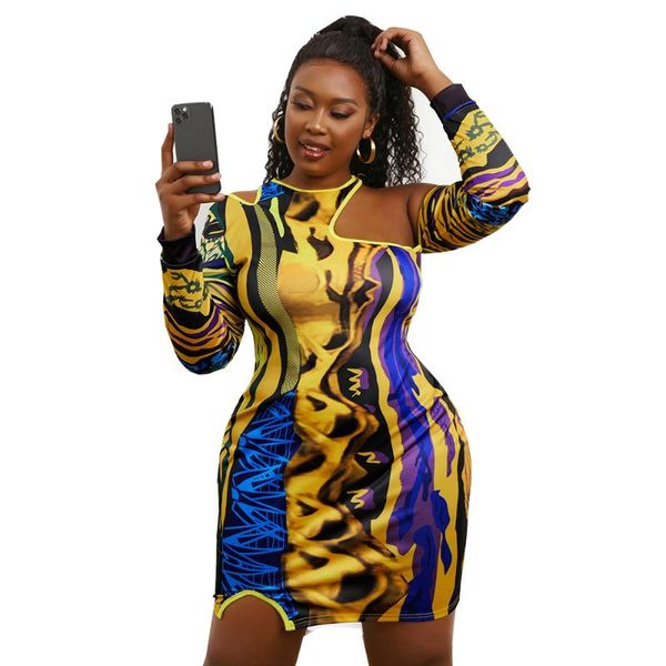 

plus size dresses haoohu dress women hollow long sleeve club party vintage bodycon skinny tie dye printed fall clothes 2021, Black