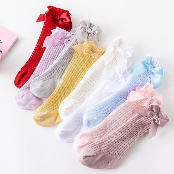 

socks born baby girls solid bow knot breathable mesh cotton knee high leg warmer summer infant toddler soft clothes, Pink;yellow