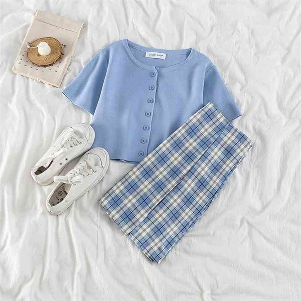 

girls plaid skirt two piece] women's summer high waist slim short button navel + a-line plaid skirt 210708, White