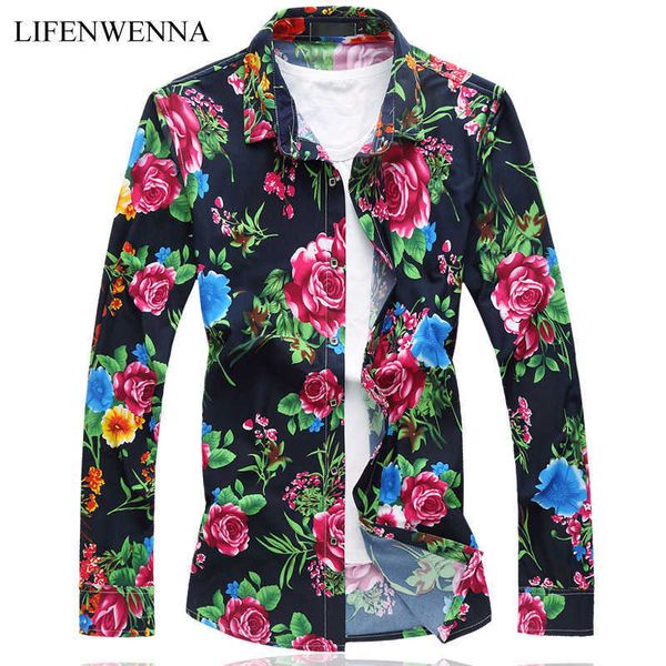 

fashion brand men's shirt style long sleeve print shirt men comfortable flower shirts men plus size -6xl floral shirt 210528, White;black