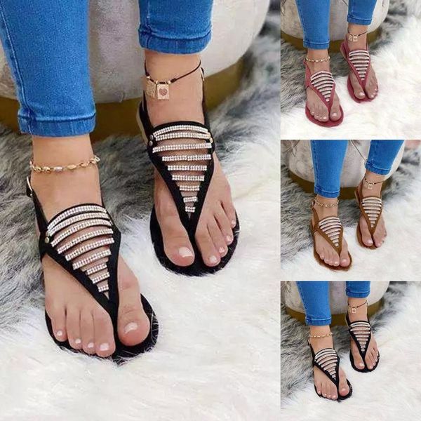 

sandals women summer rhinestone buckle strap shoes beach open toe flat breathable plus size sandalias mujer 2021 women's, Black