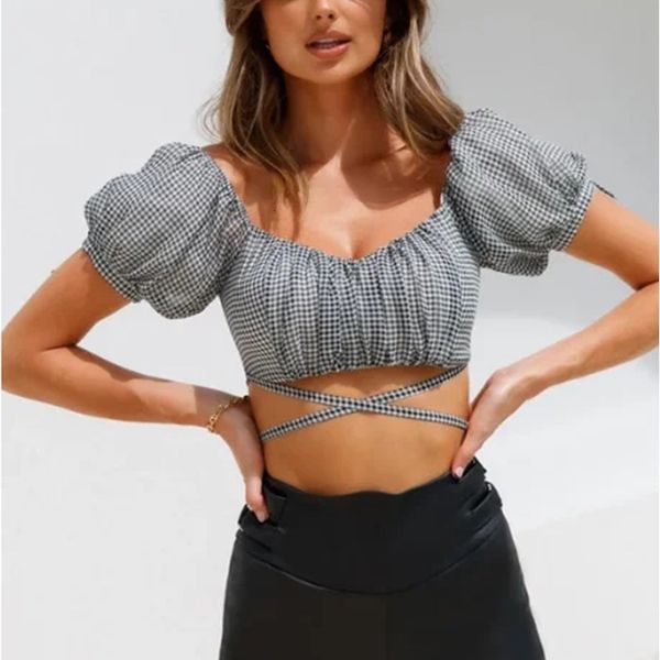 

women's blouses & shirts 2021 trendy plaid women cropped square neck 3r9q, White