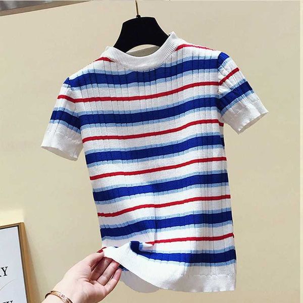 

arrival knitted women's t shirt summer casual short sleeves tees stripe o-neck elasticity female 210529, White
