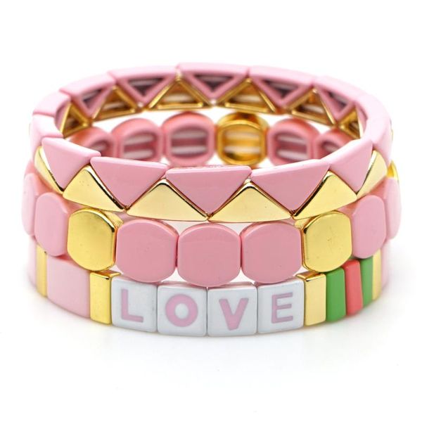 

charm bracelets shinus love letter bracelet for women enamelled tile on hand pink enamel bangle stretch beaded pulseras jewelry, Golden;silver