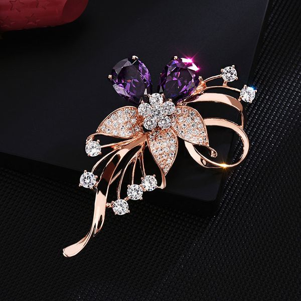 

luxjuly rose glod plated elegant crystal flower lapel pin corsage brooch bouquet for women wedding party jewelry, Gray