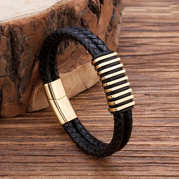 

charm bracelets double leather stainless steel men bracelet luxury accessory combination hand-woven for male jewelry 19/21/23cm, Golden;silver