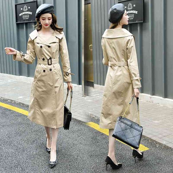 

windbreaker medium length 2021 spring and autumn fashion new korean version with double breasted off shoulder women's long coat, Tan;black