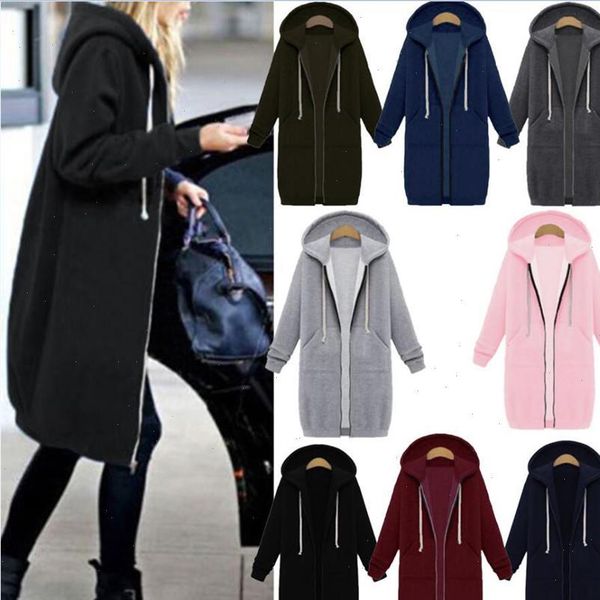 

autumn womens hoodies winter casual women long coat zip up outerwear hooded jacket plus size outwear, Black