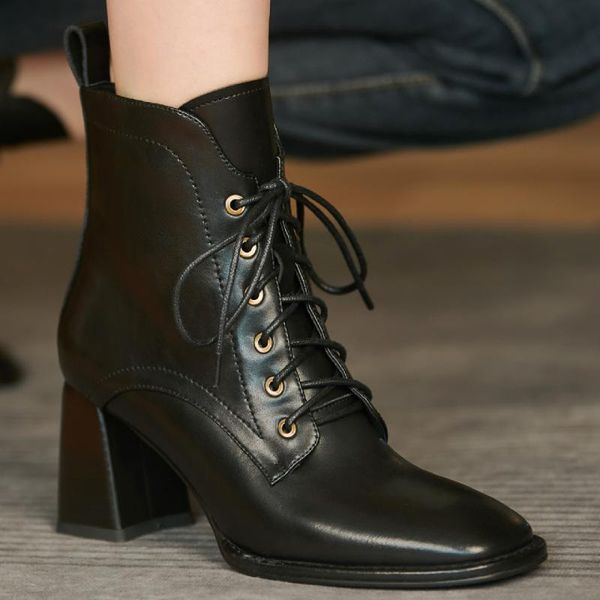 

boots women's genuine leather thick high heel lace-up autumn ankle square toe gradient color retro warm plush winter short, Black
