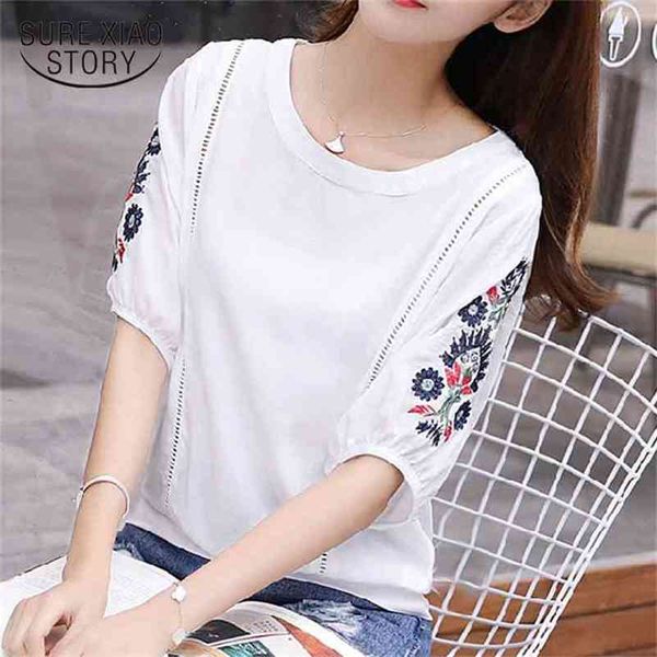 

summer fashion simple embroidery chiffion women blouses shirts floral loose buckle short sleeve blusas d872 30 210506, White