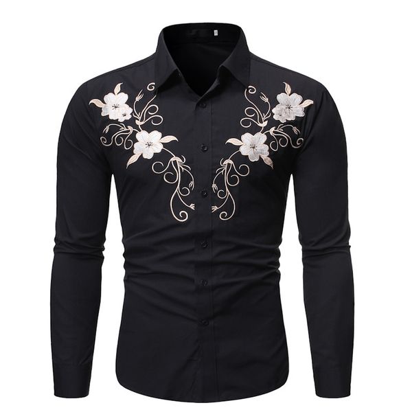 

men's casual shirts mens regular fit embroidery flowers pattern single breasted dress long sleeve wedding for male camisa av3d, White;black