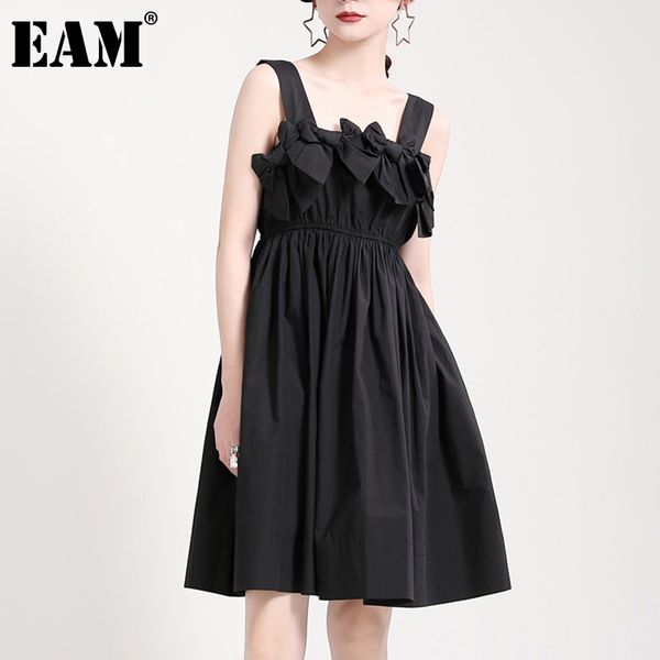 

[eam] women black bow ruffles knee-length dress square neck sleeveless loose fit fashion spring summer 1dd7504 21512, Black;gray