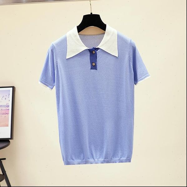 

color match womens sweaters women polo collar knitted two buttons loose short sleeve pullover femme blouse students causal, White;black