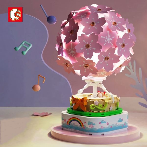 Blossom de cerejeira Balão de ar quente caixa de música de música blocos de construção sembo 601150 tijolos crianças modulares crianças brinquedos de Natal presentes de aniversário