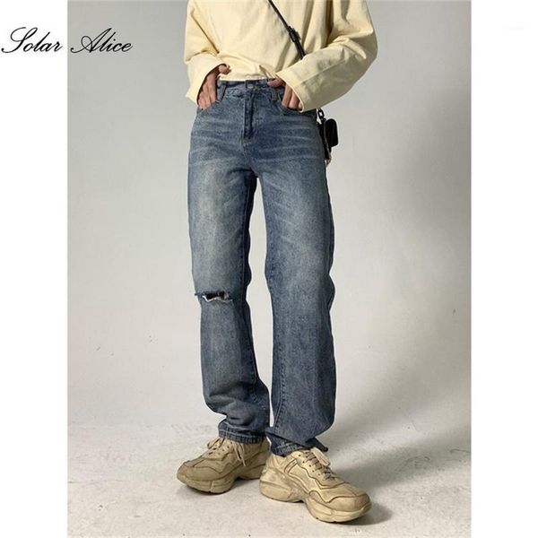

men's knee ripped jeans loose straight casual pants, Blue