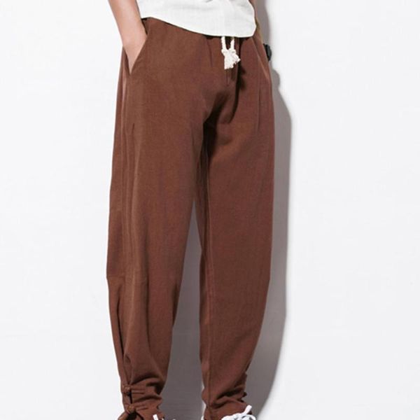 

casual men drawstring pockets ankle tie cotton linen plus size loose harem pants men's, Black