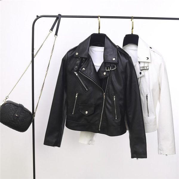 

women's leather & faux aksr spring women jacket short lapel collar button pu motorcycle small coat slim fashion, Black