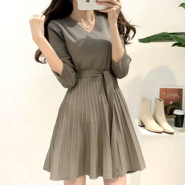

dress autumn korean casual v-neck lace up knitted women long sleeve office ladies pleated sweater female knitting vestidos 69gd, Black;gray
