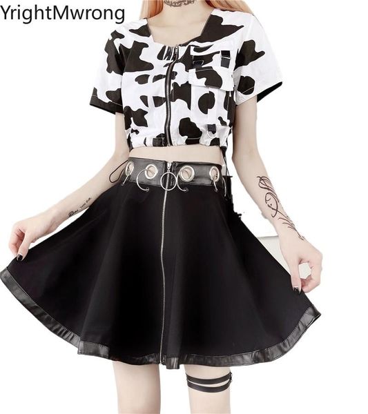 

skirts streetwear harajuku gothic cute hollow ring zipper up high waist a line mini black skirt summer fashion cargo cow crop top