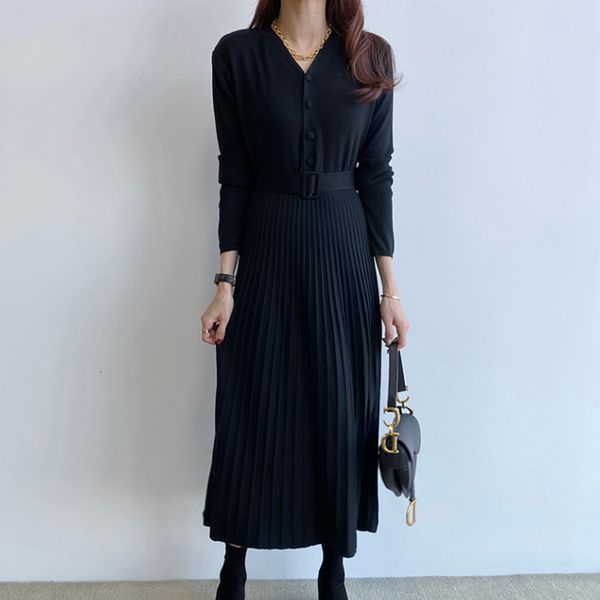 

dresses autumn women long casual korean style single breasted pleated v-neck lace up knitted, Black;gray
