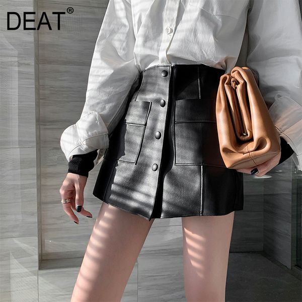 

autumn fashion women's leather skirt mini length a-line office lady solid slim wild button with pockets tx221 210421, Black