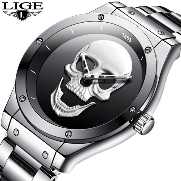 

wristwatches 2021 lige classic black skull mens watches business watch men waterproof quartz clock man sport chronograph, Slivery;brown
