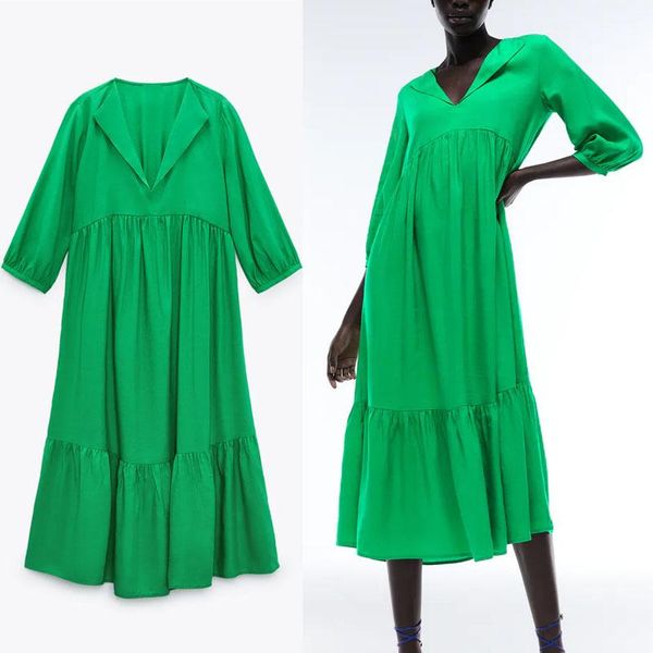 

casual dresses 2021 green frilled midi summer dress women long sleeve ruffled hem vintage woman fashion pleated ruching vestidos, Black;gray