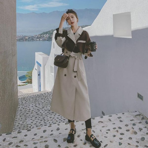 

women's trench coats 2021 spring autumn fashion long coat for women elegant lady turn-down collar color patchwork loose windbreaker out, Tan;black