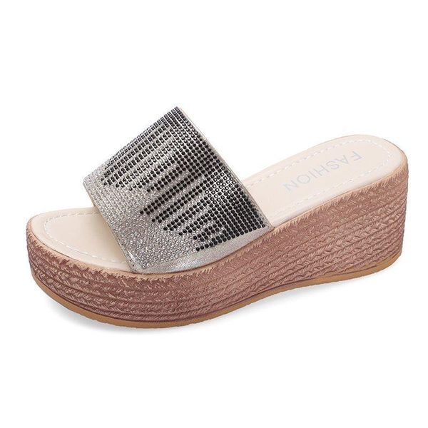 

summer fashion rhinestone slope with thick bottom all-match slippers women, Black