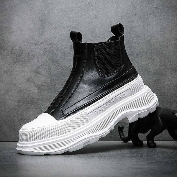 

men's leather boots autumn thick soled raised high leisure trend cover chelsea wenzhou men's shoes, Black