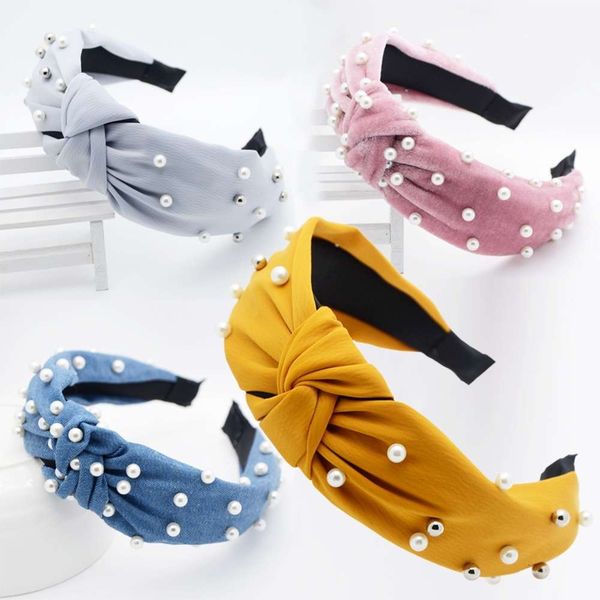 

korean simple nail pearl velvet headband the same middle knot solid color headband, Silver