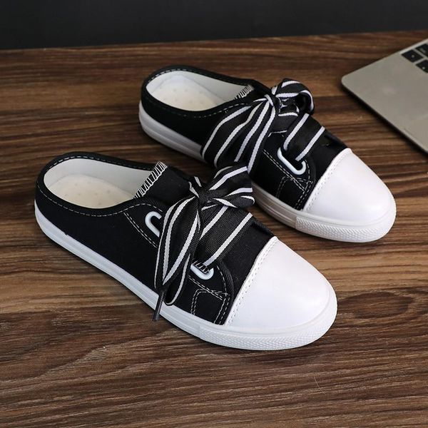 

slippers 2021 spring and summer ladies color matching lace round head fashion wear-resistant all-match open-toed lazy flat s, Black