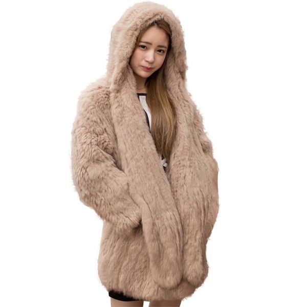 Mulheres de inverno Real coelho pele com capuz casaco largo pullover cape capte de pele casaco de pele com capuz jaquetas 211018