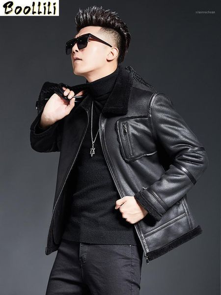 

men's leather & faux boollili genuine jacket men autumn winter sheepskin coat motorcycle 100% wool lining plus size 2021, Black