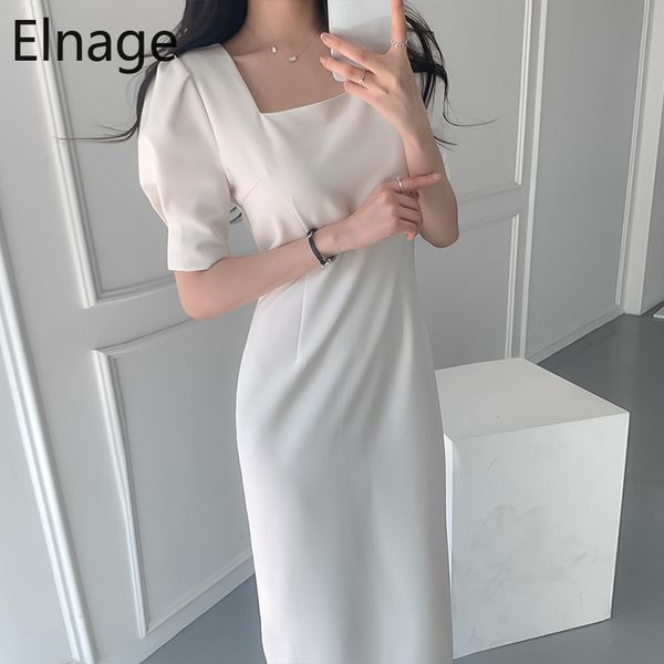 

korean style chic slim square collar pleated bubble short sleeve wrap hips dress women a line long summer dresses white 5b284 210429, Black;gray