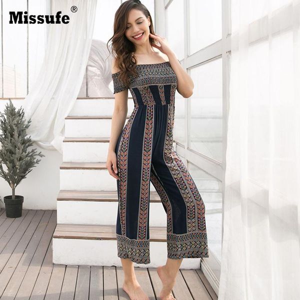 

women's jumpsuits & rompers missufe floral print boho jumpsuit women 2021 summer off shoulder short sleeve wide leg beach holiday overa, Black;white