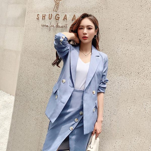 

work dresses autumn women skirt suits double-breasted blazer jacket & side split female set 2 pieces 2021 suit, White;black