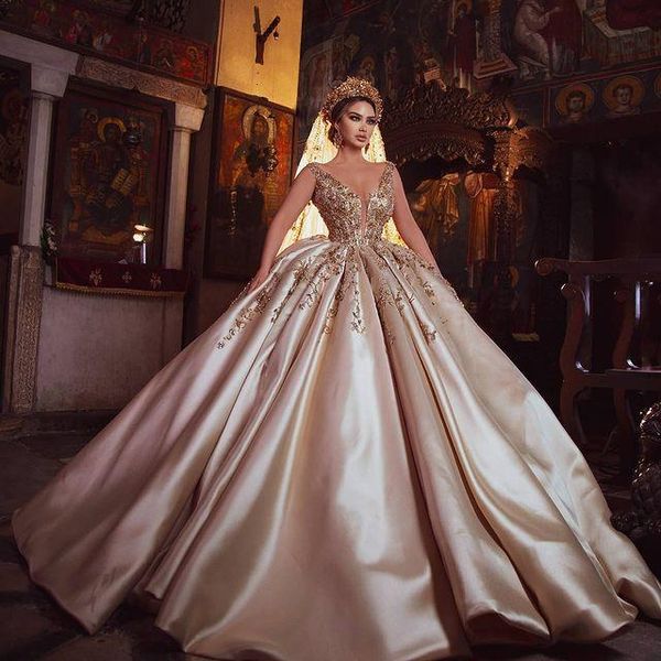 

champagne luxurious wedding dresses deep v-neck sleeveless bridal gowns crystal beaded lace ruched satin marriage vestido de novia, White