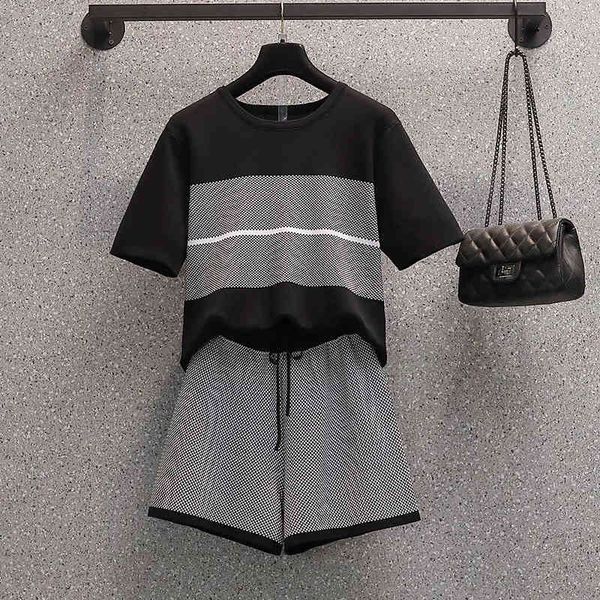 

women's tracksuits summer patchwork knitted two-piece suit women casual short sleeve knitwear t-shirt and pants 2021 new fashion s, Gray