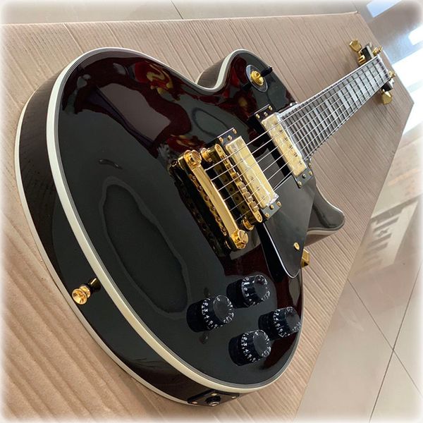 

classic black card electric guitar, solid wood quality, pleasant timbre