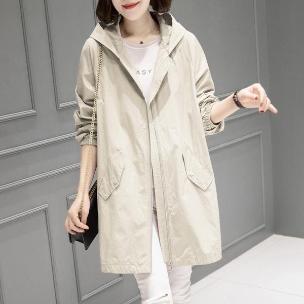 

women's trench coats large size hooded windbreaker jacket mid-length loose thin england korean female casual outerwear, Tan;black