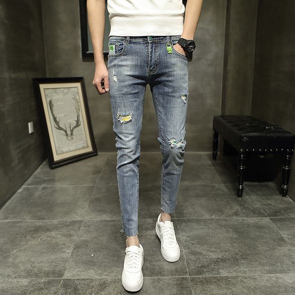 

men's jeans fashion denim cropped trousers korean social people guys small feet spring and autumn men wild tight pencil jeans ud70, Blue