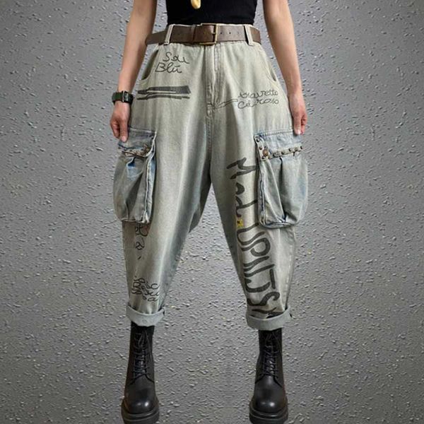 

women's jeans letter print hole female high waist casual pants harem, Blue
